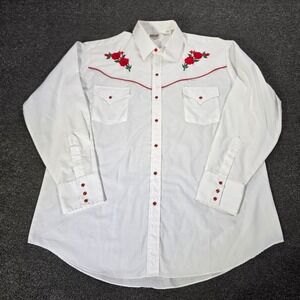 Ely Cattleman Western Shirt Mens XL White Red Rose Embroidered Pearl Snap Cowboy
